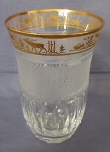 Altes Glas Wasserglas Pokal OERTEL geschliffen, mit Jagdszenen (Goldrand)