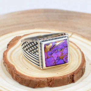 Purple Copper Turquoise Square Cut 925 Sterling Silver Handmade Men's Ring - Picture 1 of 3