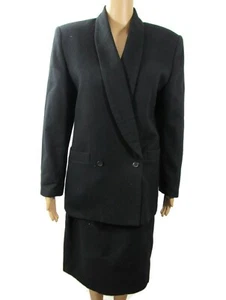 Vintage David N Blazer Jacket Skirt 2 Piece Set Size 8 10 Black Wool Blend Lined - Picture 1 of 10