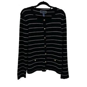 Karen Scott XL Cardigan Sweater Fine Knit Button Up Black White Striped Modest - Picture 1 of 10