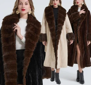 Damen Luxus Kunstfell Mix Langer Mantel Winter Warm Gürtel Parka Mantel Mode - Bild 1 von 23