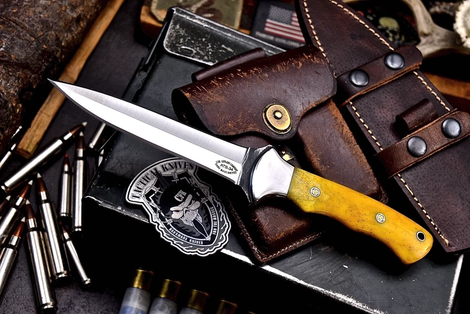 Faca de caça CFK feita à mão ATS 34 personalizada osso de camelo laranja palito punhal - Imagem 1 de 4