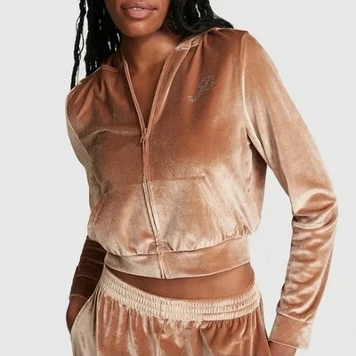 全新 Y2K 风格 粉色 维多利亚的秘密丝绒裁剪拉链连帽衫 水钻 P XL — 第 1/4 张图片