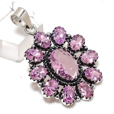 Colgante de joyería de plata de ley 925 con piedras preciosas de kuncita rosa 1,77" K632 Foto 1 de 2