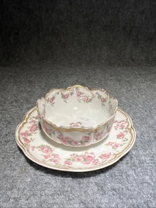 Antiker Haviland Schleiger Double Gold Rosa Blumen Grün Blatt Auflaufförmchen Teller - Bild 1 von 5