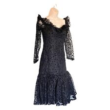 Totally 80s Vintage Black Polka Dot Lace Mermaid Prom Dress Gown Ruffles Sexy