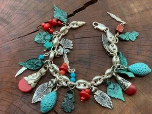 Handmade Sterling Silver Charm Bracelet With Patina Leaf, Shell, Tibetan Beads - Picture 1 of 11