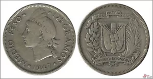 Dominicaine 1/2 Peso 1947 / 12,20 Gr. Argent MBC - Picture 1 of 1