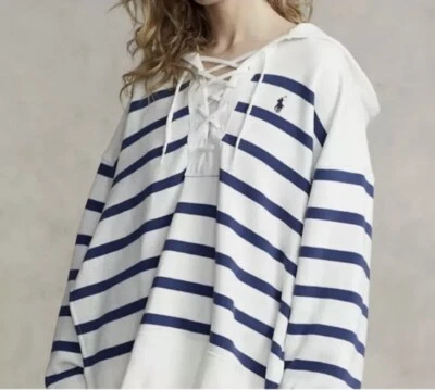 Nuevo con etiquetas Polo Ralph Lauren Sudadera con capucha polar de gran tamaño con cordones Blanco Azul a rayas $268 XS/S Foto 1 de 4