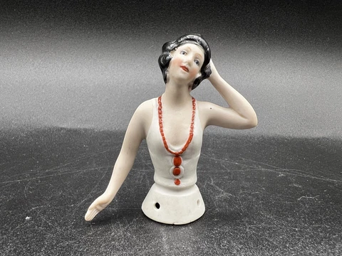 German Porcelain Pin Cushion Half Doll-Hand On Head & Away, Black Hair Cover