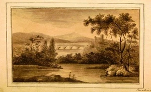 REGGENZA PAESAGGIO PESCA NEL FIUME SOTTO CASTELLO MONOCROMATICO LAVAGGIO C1810-1820 - Foto 1 di 1