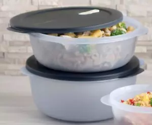 Tupperware Crystalwave Microwave Safe Large 11 + 16 cup Bowls Set Black Seals - Picture 1 of 1