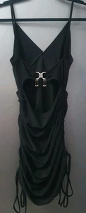 Cotton Club Black Slinky Party Dress Womens Size M/L Ruched Sexy Bodycon Mini - Picture 1 of 17