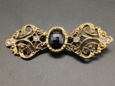 ⭐ Broche de filigrana vintage dorado con piedra facetada negra y pedrería ⭐ Foto 1 de 4