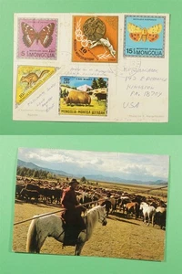 DR WHO MONGOLIA BUTTERFLY HERDSMAN POSTCARD TRIANGLE TO USA m33387 - Picture 1 of 3
