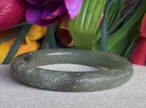 Estate Jade Nephrite Carved Dragon Bangle Bracelet 7.75” - Picture 1 of 21