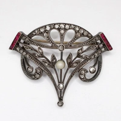 Antiguo broche victoriano de perlas y rubí de diamantes talla rosa - oro y plata de 12 k Foto 1 de 4