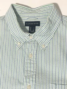 Lands End Seersucker Hemd Herren Large blau grün gestreift Traditional Fit Knopf - Bild 1 von 13