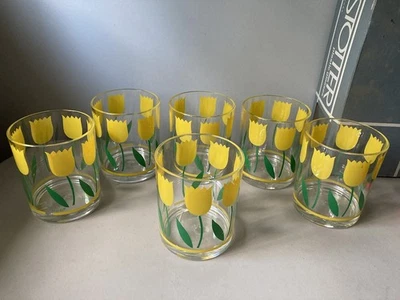 6 Vintage H.J. Stotter Acrylic Old Fashioned Glasses Yellow Tulip Flowers USA - Image 1 of 4