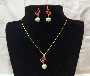 Bridesmaid Wedding Ruby Pendant Earrings Party Wear Pearls Beads Dropping Set - Picture 1 of 4
