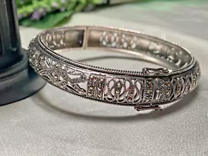 Exquisite Art Deco Filigree Sterling Silver Marcacite Bangle Hinged Bracelet Vtg - Picture 1 of 13