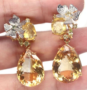15 X 20 mm. Golden Yellow Citrine, Opal & Peridot Earrings Silver 925 Sterling - Picture 1 of 5