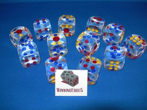 NEW 24 LARGE CLEAR ACRYLIC DICE w/ COLORED PIPS (22mm) 0.866 INCHES BUNCO - Picture 1 of 5
