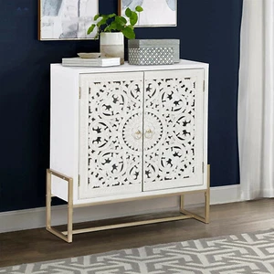 Accent Storage Cabinet 2 Doors Hollow Carved Decorative Cabinet Buffet Sideboard - Picture 1 of 12