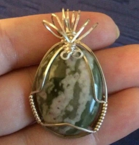 Sterling Silber Draht gewickelt Stein Sodalith Jaspis grün weiß Modeschmuck - Bild 1 von 12