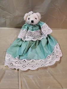 Orsetto di peluche bianco 11" vintage con vestito verde - Foto 1 di 10