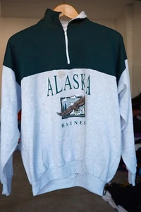 Vintage Haines Alaska Eagle Print Gray Pullover 1/4 Zip Sweatshirt USA Made - Picture 1 of 7