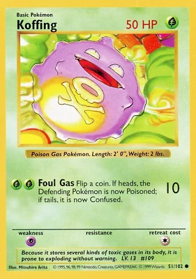 Pokémon TCG Koffing Shadowless Base Set Card #51/102 LP Light Play Free Shipping - Image 1 of 2