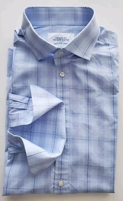 B) CHARLES TYRWHITT Dress Shirt Sz 17 Slv 35 Blue Glen Plaid French Cuffs  - Image 1 of 3