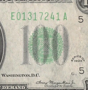 1934 Richmond One Hundred Dollar Bill E01317241A G2 Back Plate 92 - Picture 1 of 11
