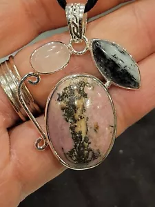 BEAUTIFUL STERLING SILVER RHODONITE TREE AGATE ROSE QUARTZ PENDANT - Picture 1 of 8