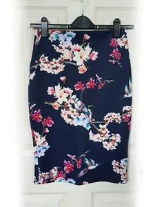F&F Navy Blue Floral Bird Print Pencil Skirt, Size 8 - BNWT - Picture 1 of 3