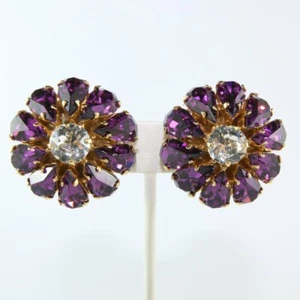 HQM Austrian Amethyst & Clear Large Daisy Earrings (Clip-On) - Picture 1 of 2