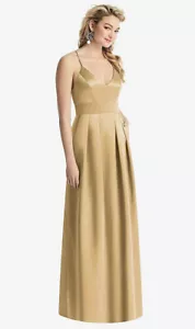 After Six 1521..Pleated Skirt Satin Maxi Dress with Pockets...Gold...Size 14 - Picture 1 of 3