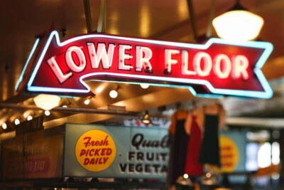 Neon Sign Lower Floor Pike Place Market Seattle Photo Art Print Poster 18x12 - Image 1 of 3