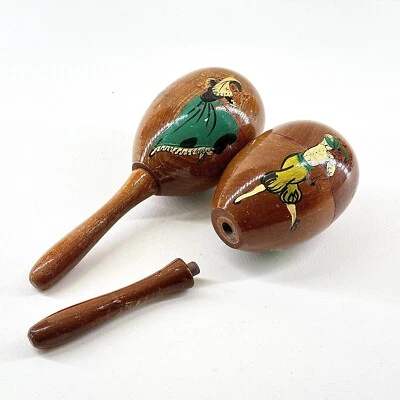 VINTAGE WOODEN MARACAS PAIR HAND PAINTED FOLK ART MUSICAL INSTRUMENTS - Image 1 of 4