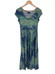 Chaps Maxi Abito Donna Verde Medio Blu Stampa Foglia di Palma Cotone Manica Cappuccio - Foto 1 di 9