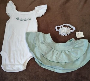 Carters White bodysuit Mint Green Skirt Headband 0-3 M floral outfit - Picture 1 of 9