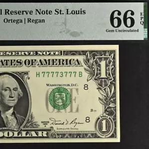 1981A $1 Federal Reserve Note PMG 66EPQ gem near solid serial number 77773777 - Picture 1 of 3