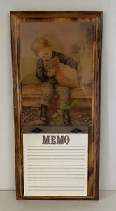 Lacquered Wood Memo Board Hanging Plaque Little Boy Holding Chicken & Egg 15” H - Picture 1 of 6