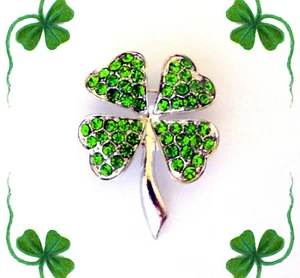 GREEN SHAMROCK 4 LEAF CLOVER LUCKY IRISH RHINESTONE BROOCH PIN~ST PATRICKS DAY - Picture 1 of 9