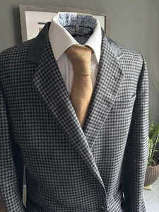 Vintage Blazer Wool Houndstooth Faux Leather Collar Italy Mens 40” Chest - Picture 1 of 14