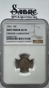1961 10c NGC CERTIFIED MINT ERROR AU 50 SILVER DIME 90% Obverse Lamination(HEAD) - Picture 1 of 5