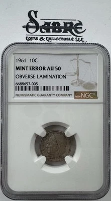 1961 10c AU50 NGC CERTIFIED MINT ERROR AU50 Obverse Lamination (HEAD) - Image 1 of 4