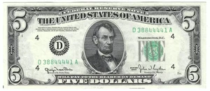 $5 1950 blue-Green seal. Small Size $5 Federal Reserve Notes 1961-D Dealer - Picture 1 of 2