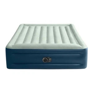 INTEX ELEVATED 18" PILLOW REST QUEEN AIR MATTRESS, INTERNAL PUMP, OFF-WHITE/BLUE - Picture 1 of 5